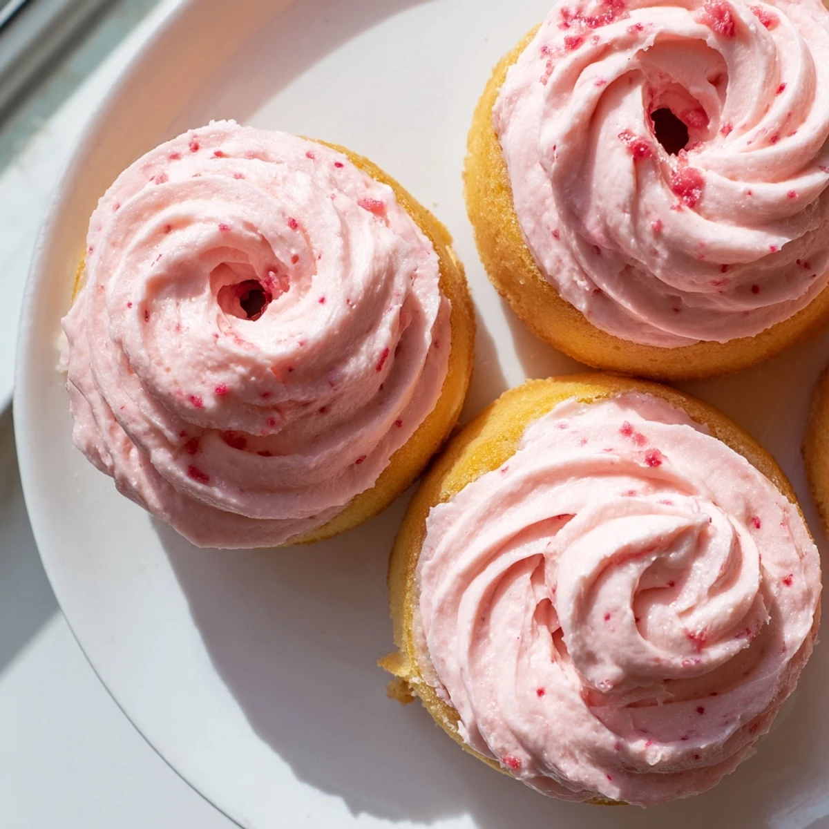 Soft baked Strawberry Buttercream Frosted Donuts with thick pink icing on a white plate