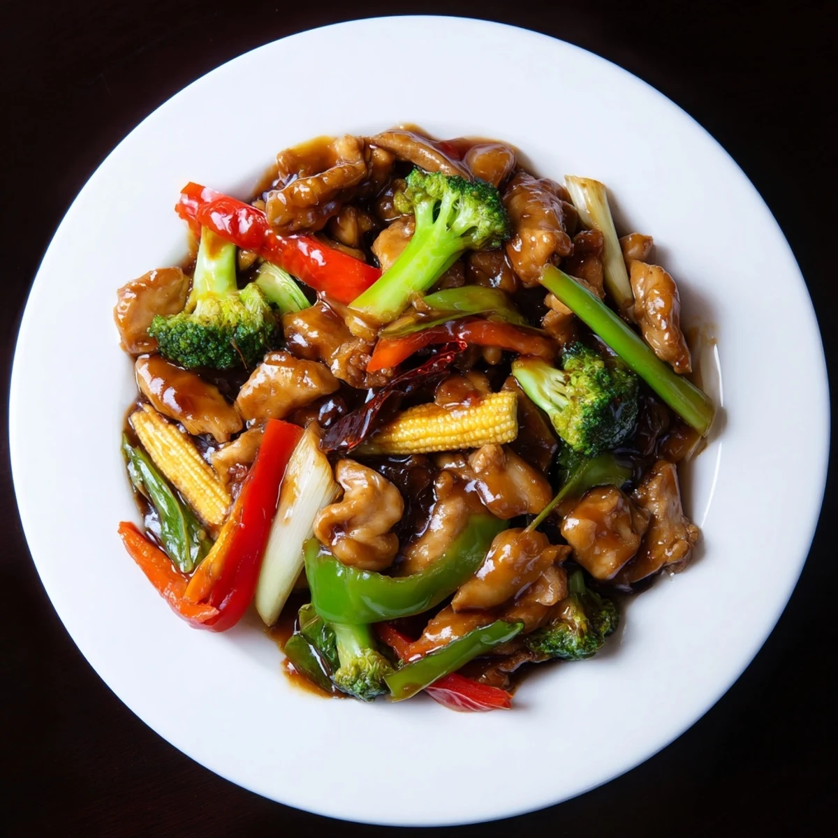 Sizzling Hunan Chicken tossed with colorful bell peppers and tender broccoli florets