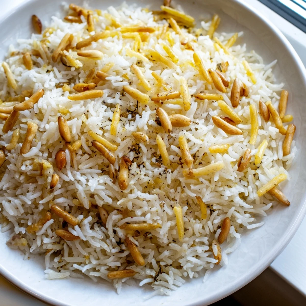 Creamy buttery Lebanese Rice pilaf with crispy browned vermicelli in a white bowl