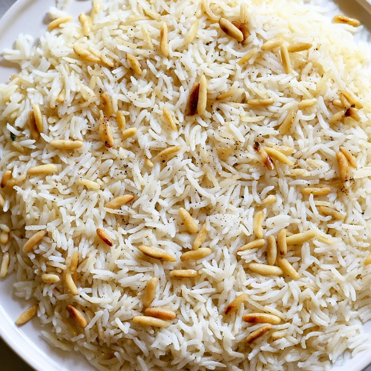 Steaming bowl of Lebanese Rice garnished with pine nuts beside grilled lamb chops