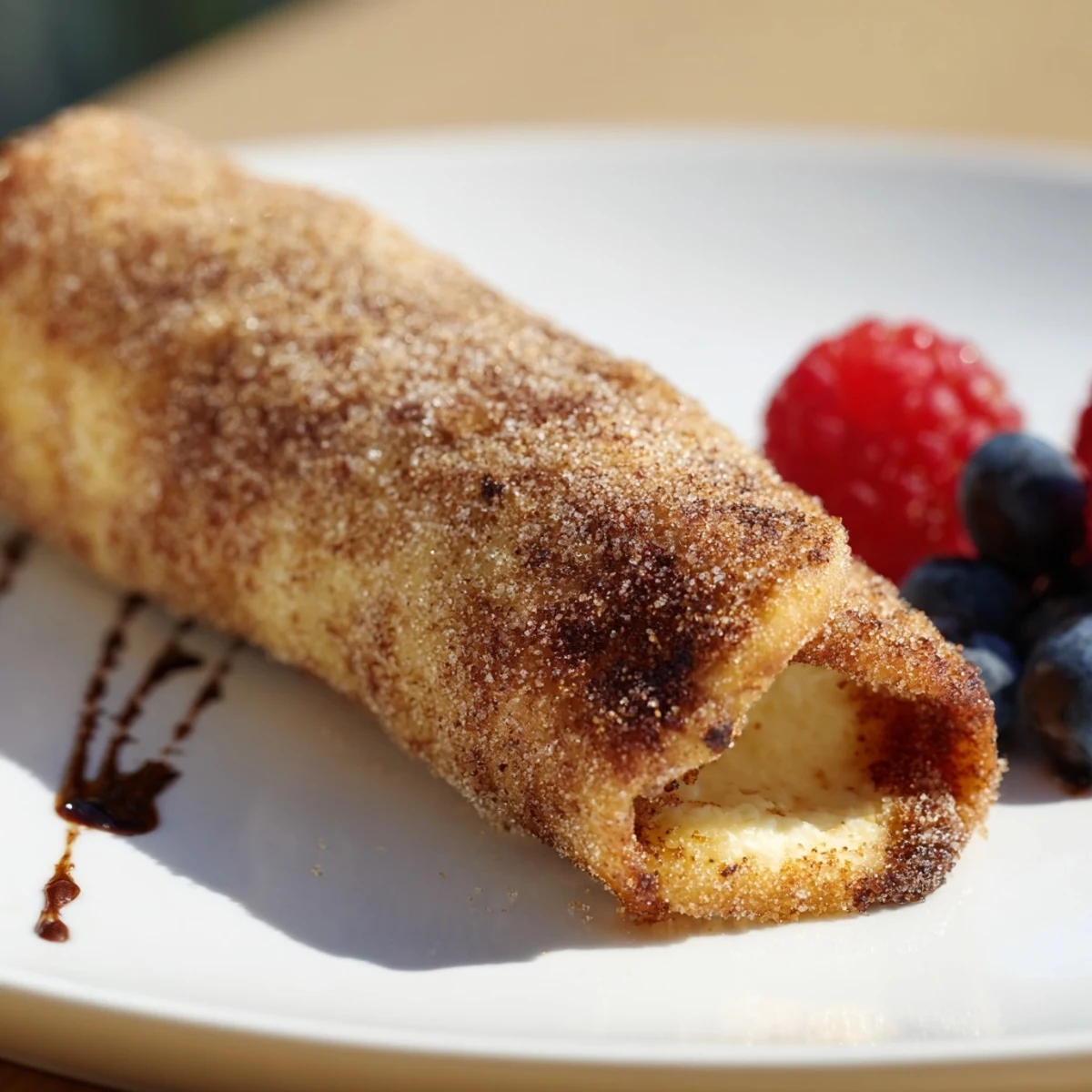 Golden crispy cheesecake chimichangas coated in warm cinnamon sugar on a plate
