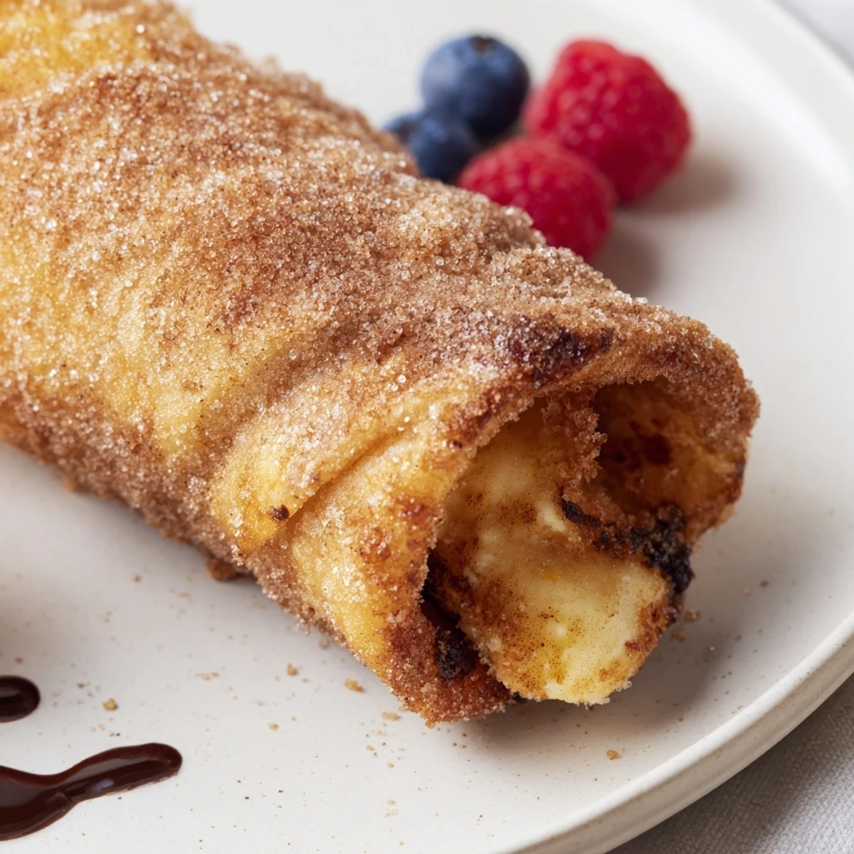 Crispy tortilla-wrapped cheesecake chimichangas drizzled with chocolate sauce and fresh berries