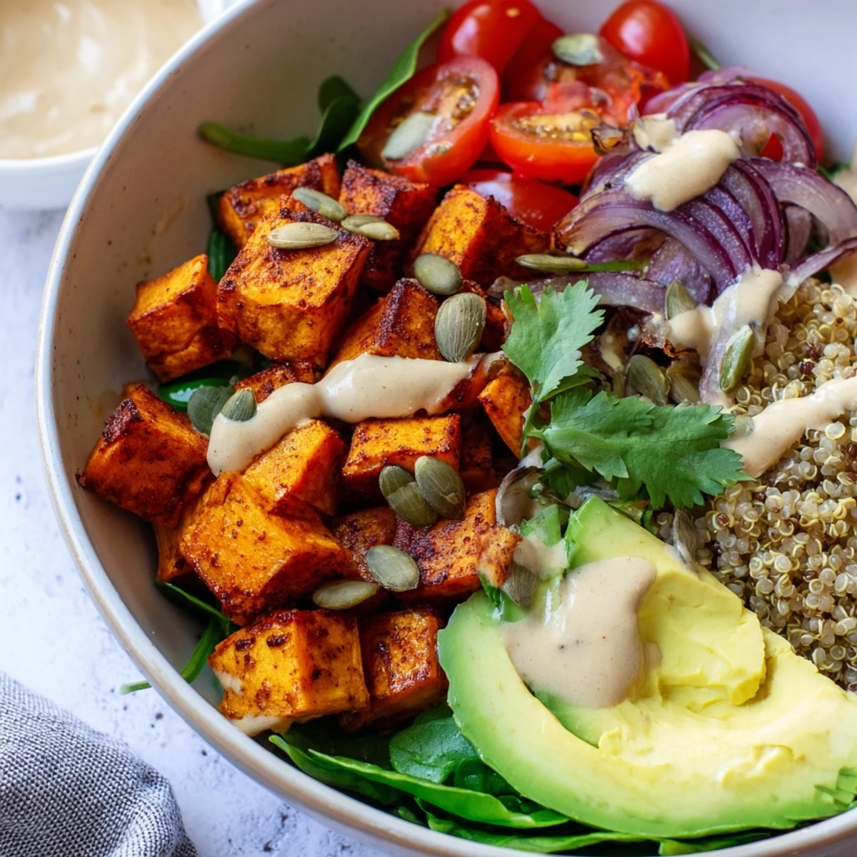 Vibrant sweet potato bowl topped with creamy avocado and drizzled with tahini dressing