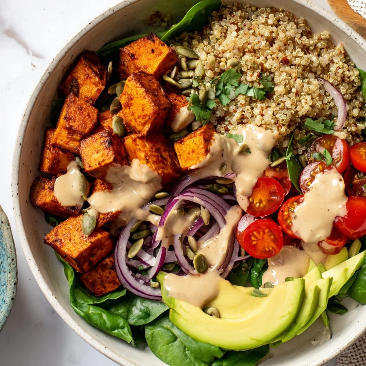 Roasted sweet potato bowl served over fluffy quinoa with colorful fresh vegetables