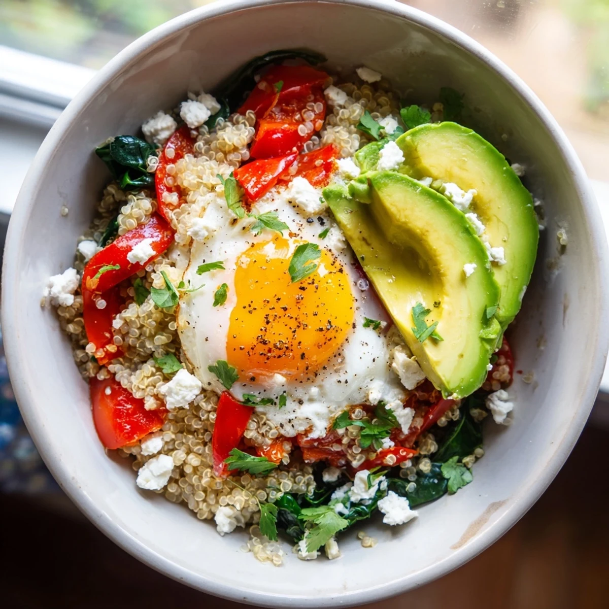 Warm savory quinoa breakfast bowl topped with a golden fried egg and fresh vegetables
