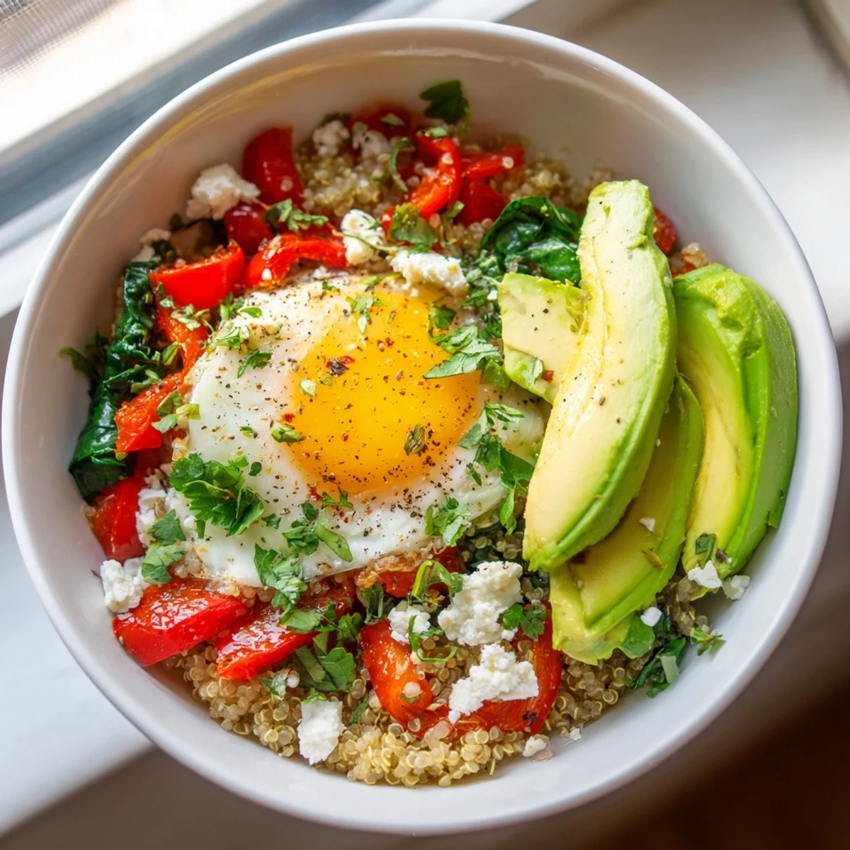 Colorful savory quinoa breakfast bowl with sautéed peppers, creamy avocado, and crumbled feta