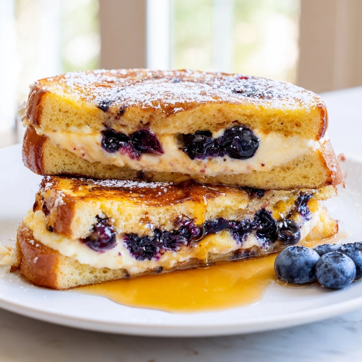 Golden blueberry cheesecake stuffed French toast drizzled with maple syrup on a plate