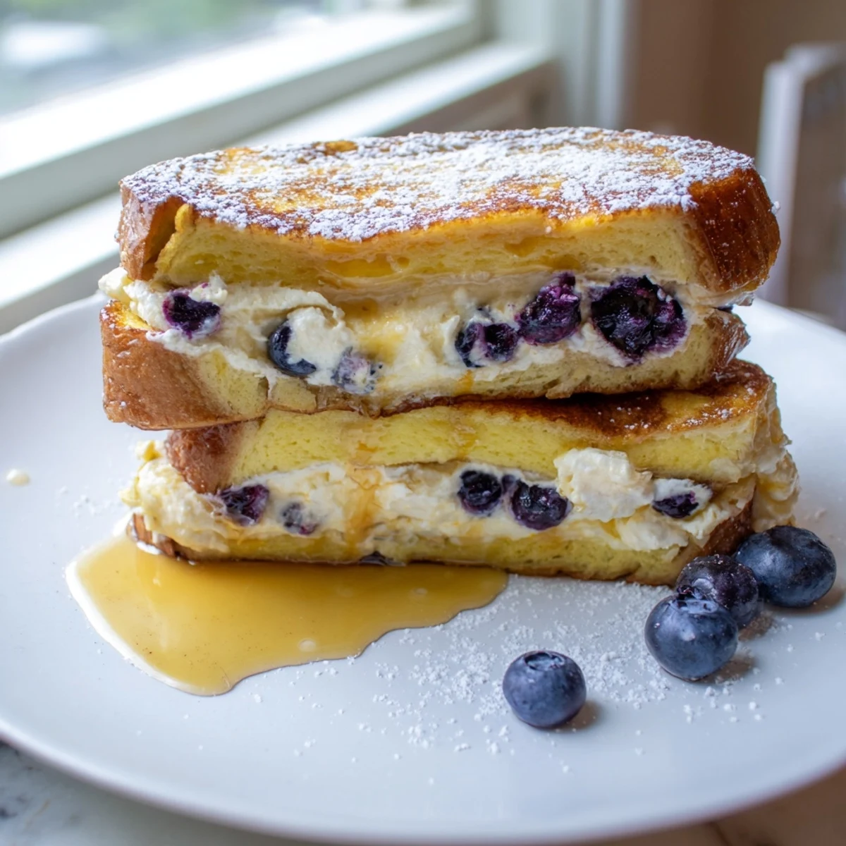 Creamy blueberry cheesecake stuffed French toast topped with powdered sugar and fresh berries