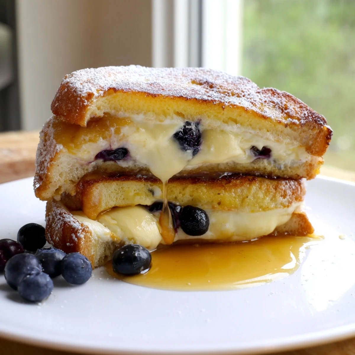 Thick slices of blueberry cheesecake stuffed French toast sizzling in a buttery skillet