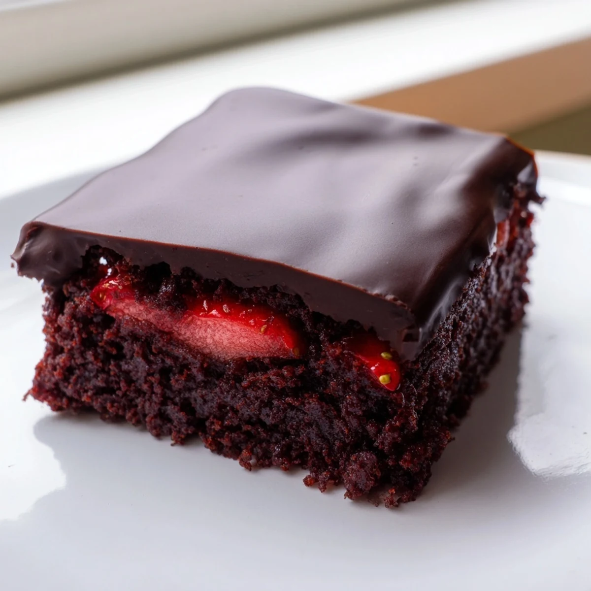 Rich chocolate covered strawberry brownies with glossy ganache and fresh berry slices