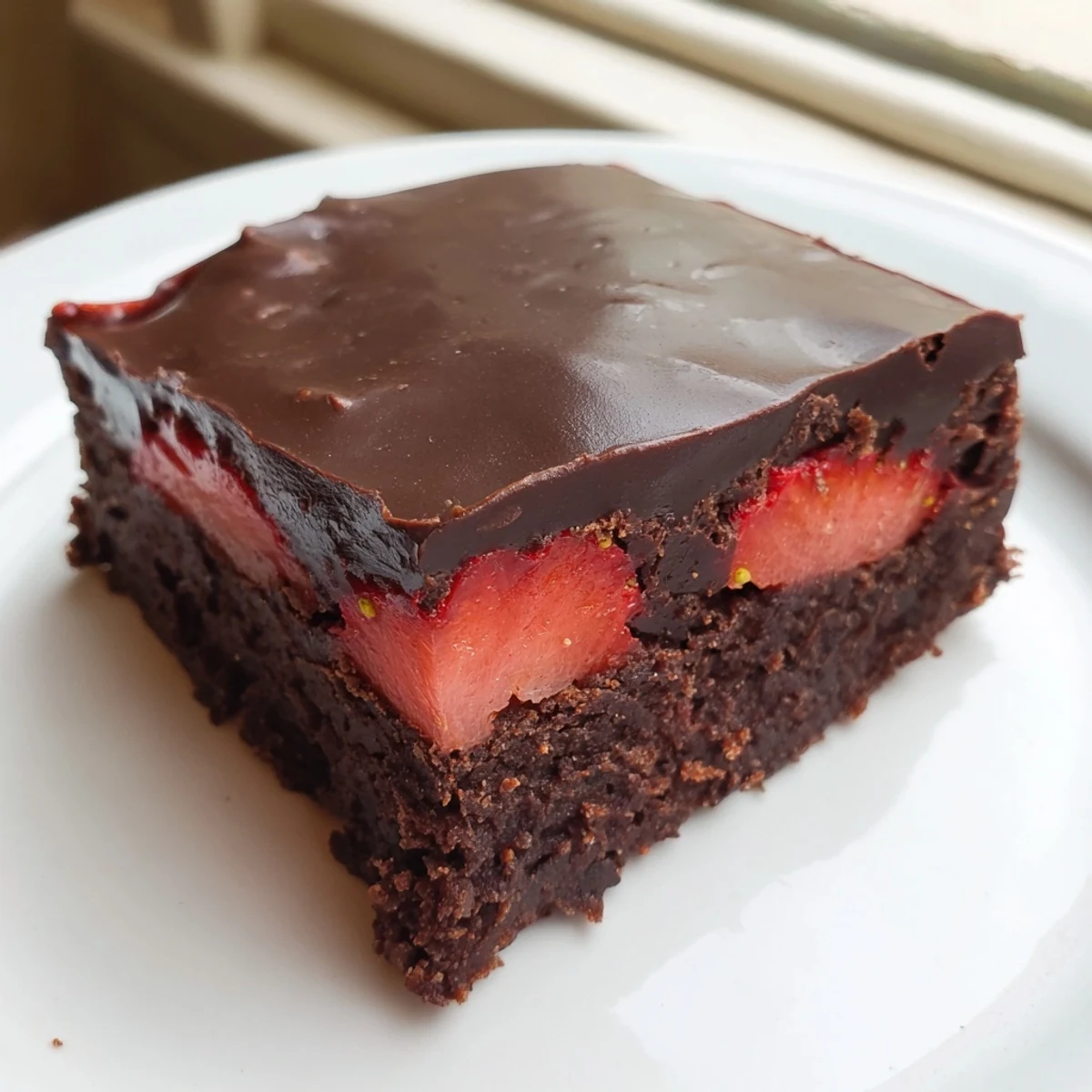 Fudgy chocolate covered strawberry brownies cut into squares revealing a juicy strawberry layer