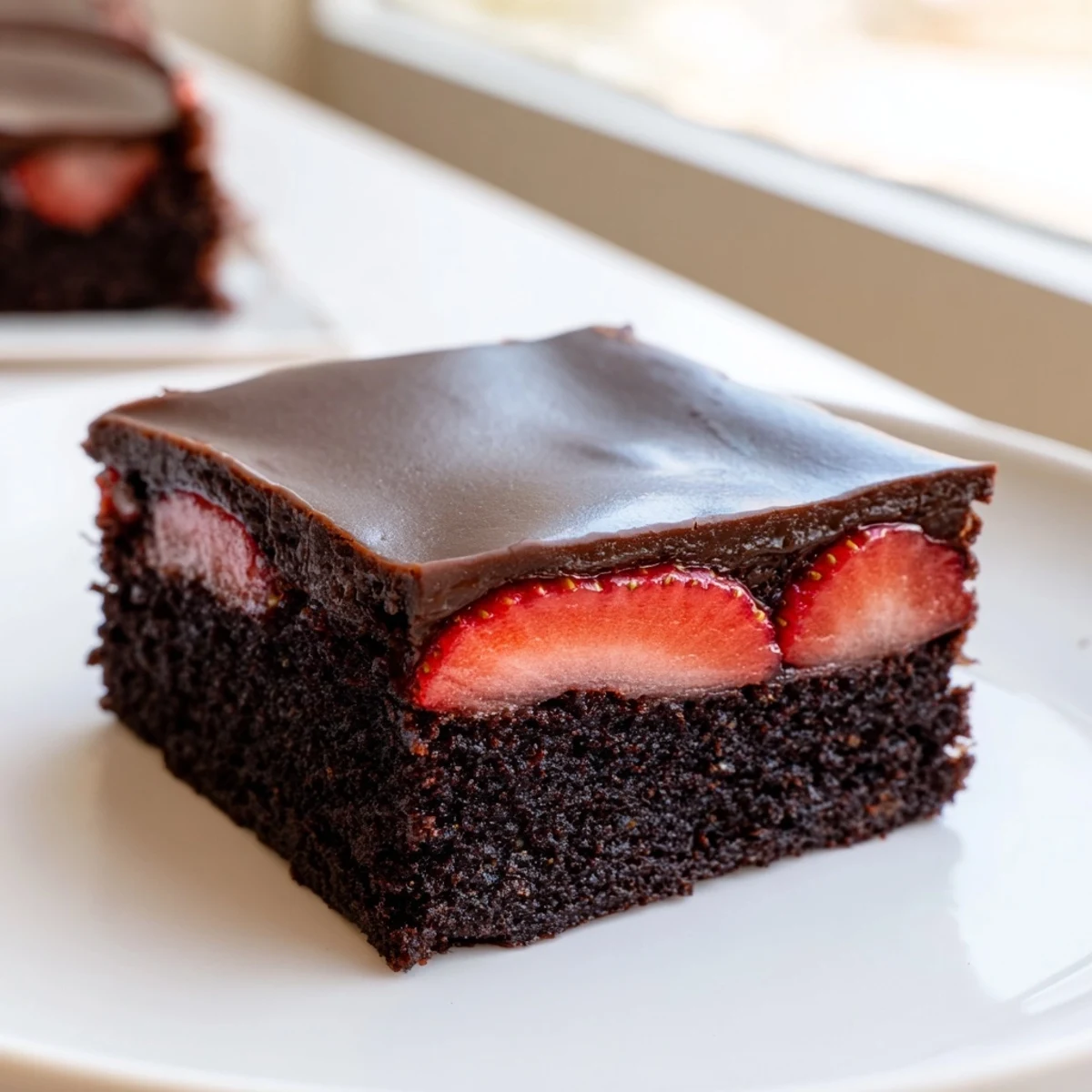 Decadent chocolate covered strawberry brownies topped with a smooth chocolate shell and ripe strawberries