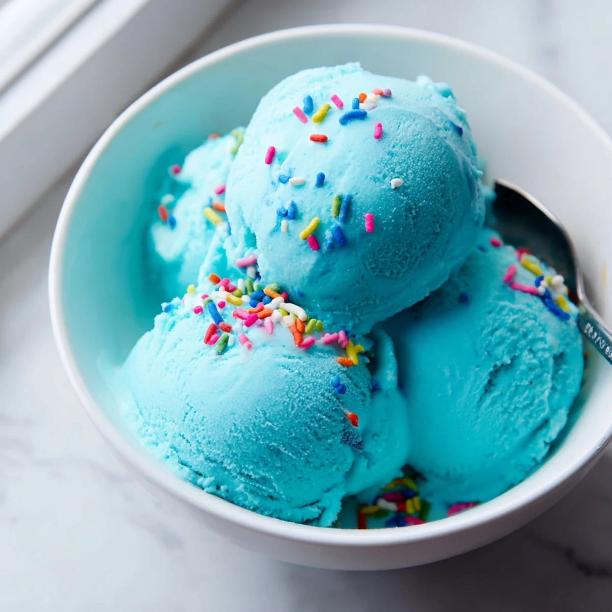 Bright Blue Moon Ice Cream scooped into a crispy waffle cone with rainbow sprinkles
