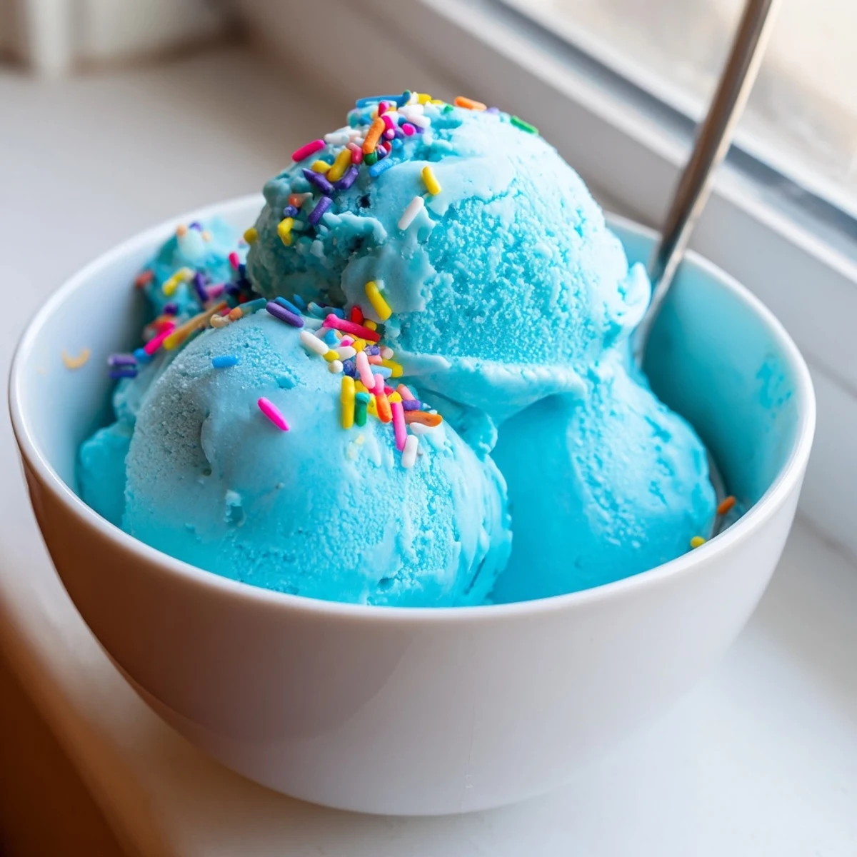 Creamy Blue Moon Ice Cream with swirls of vibrant blue in a chilled bowl