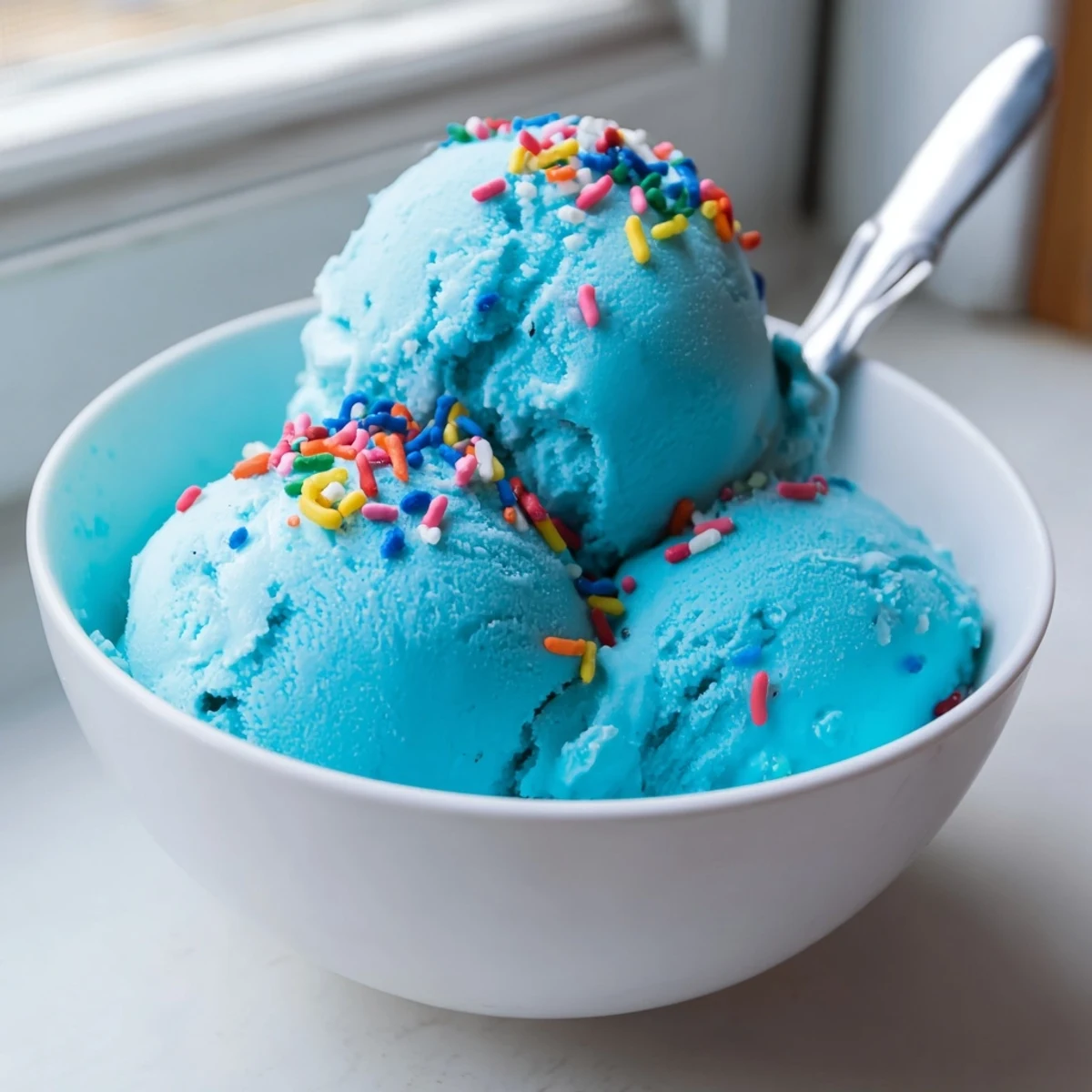 Vivid blue moon ice cream recipe served smooth and scooped in a glass dish