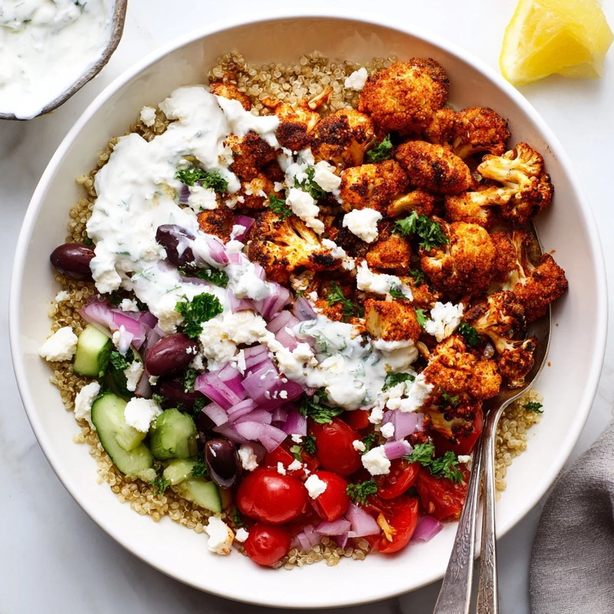 Golden roasted Greek cauliflower bowl topped with crumbled feta and fresh vegetables