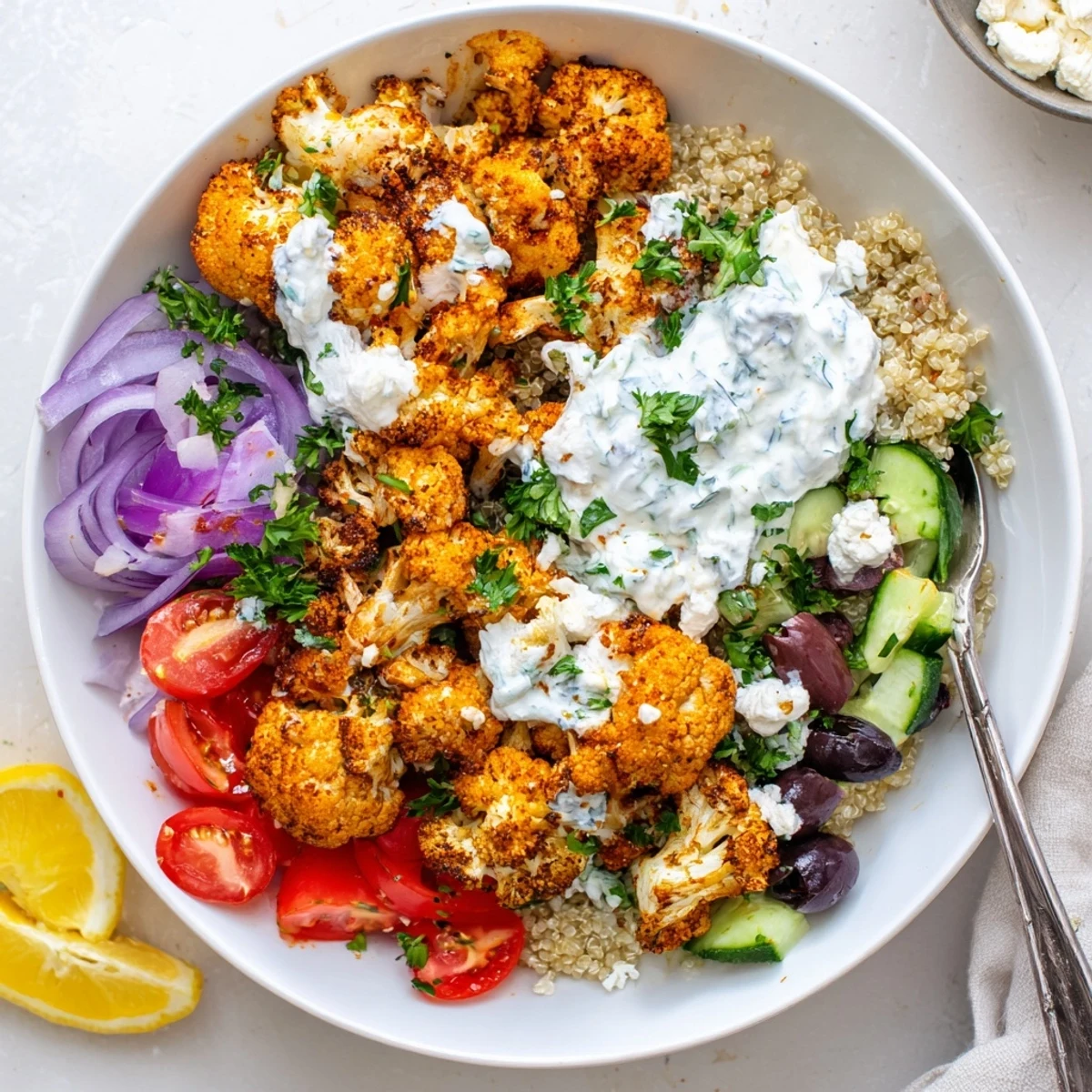 Greek cauliflower bowl drizzled with cool tzatziki over fluffy quinoa and olives