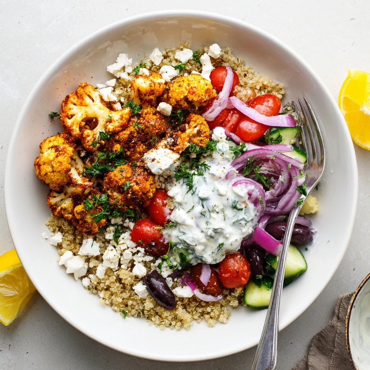 Spiced Greek cauliflower bowl served with tangy feta cucumber tomatoes and creamy sauce