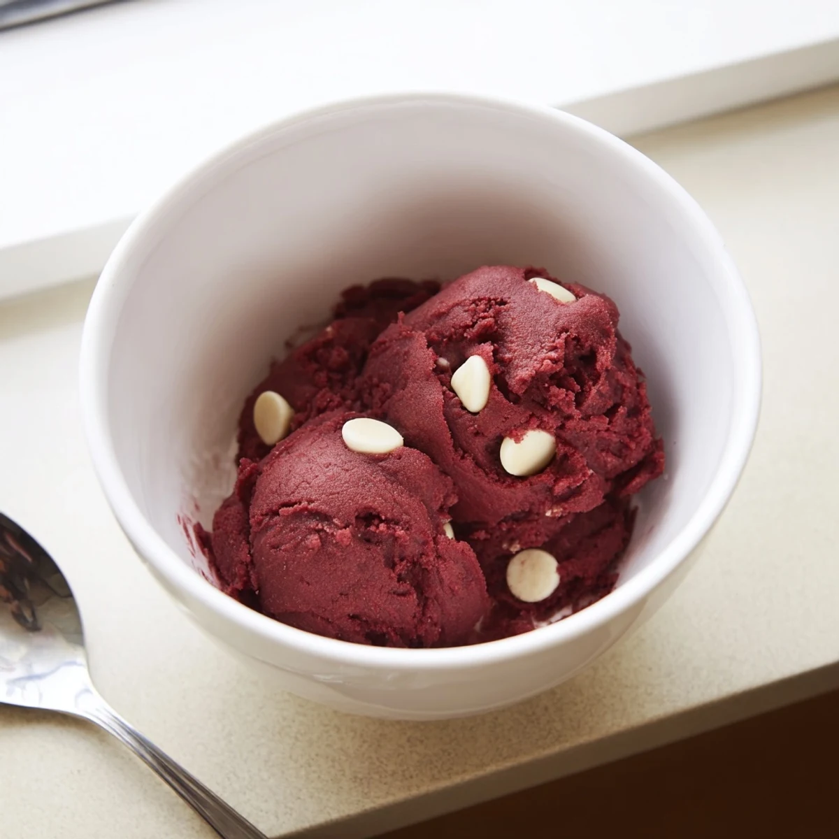 Creamy edible red velvet cookie dough in a bowl with white chocolate chips