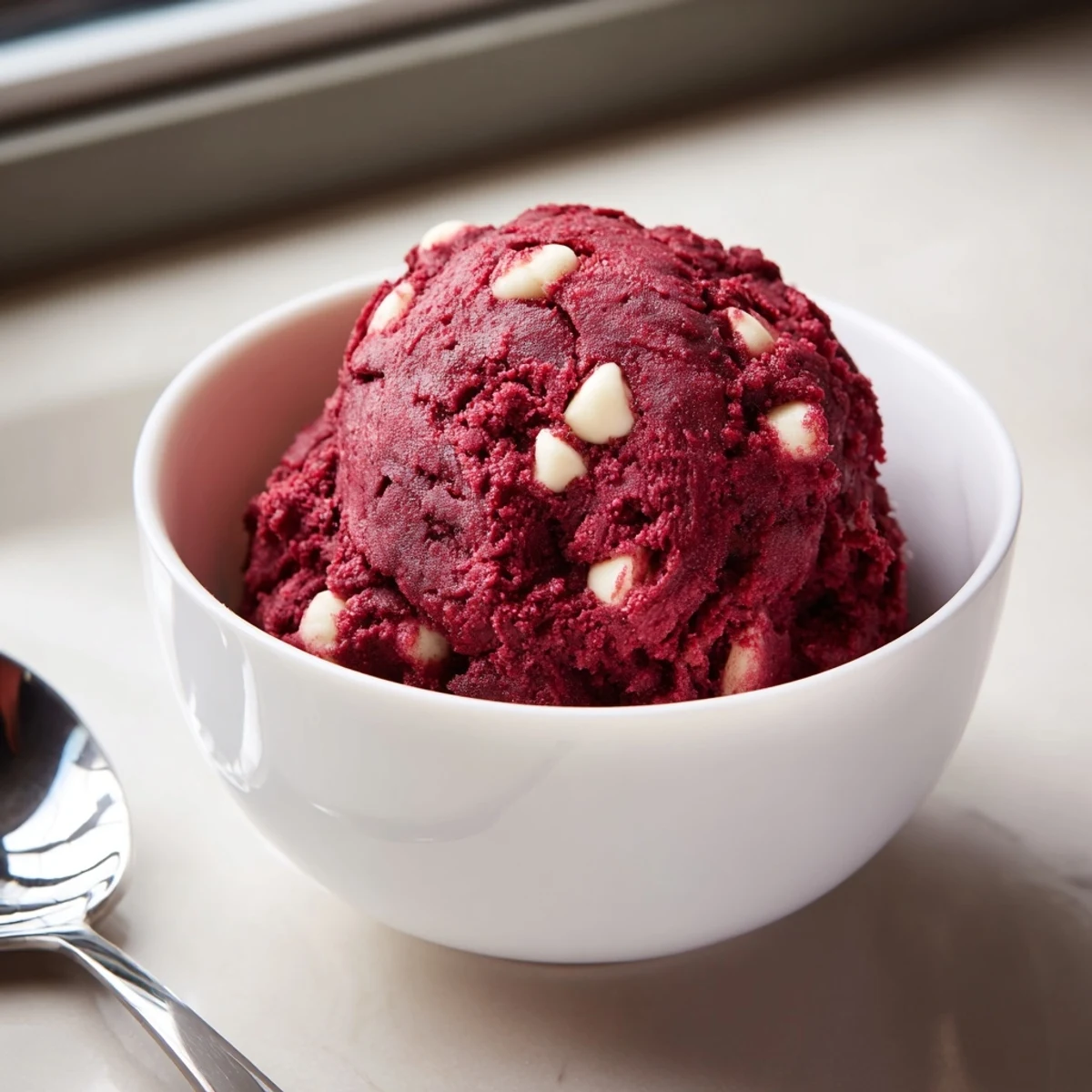 Bright red edible red velvet cookie dough scooped into perfect bite-sized balls