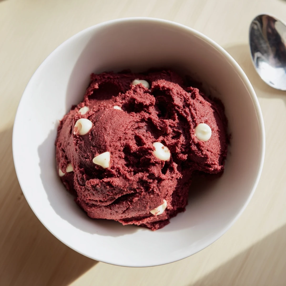 Rich edible red velvet cookie dough topped with melty white chocolate chunks