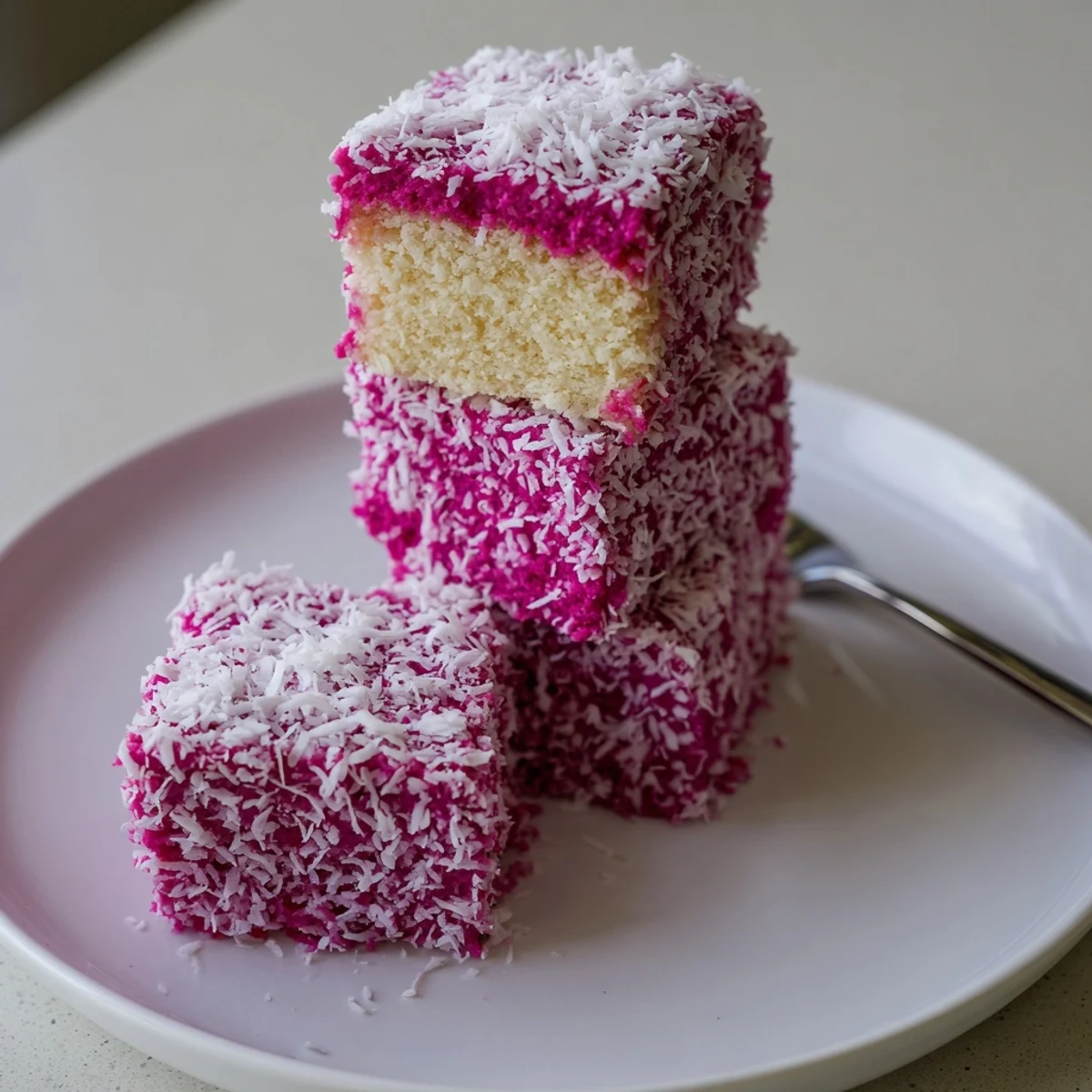 Pink raspberry lamingtons coated in shredded coconut on a white plate
