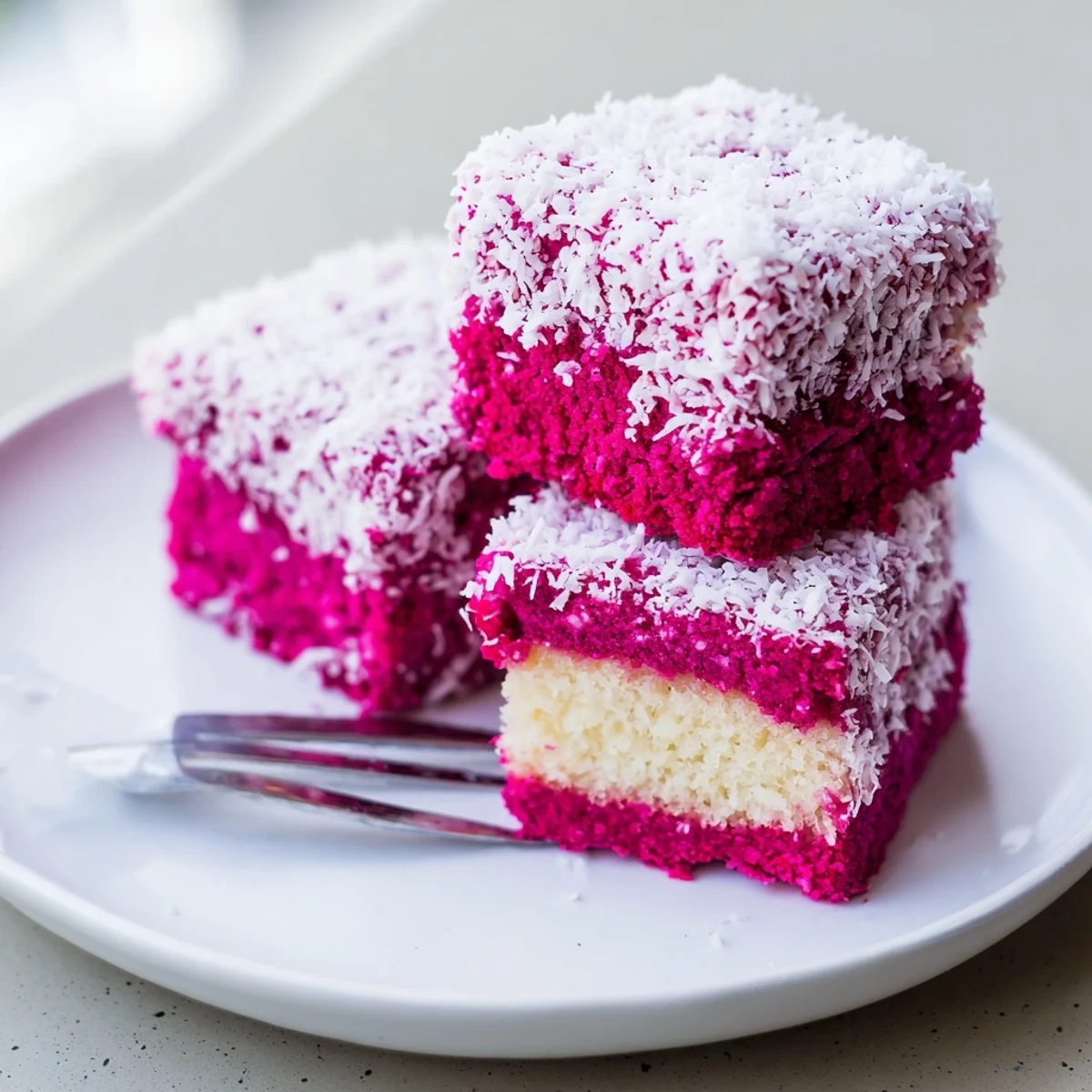 Fluffy sponge cake squares dipped in bright raspberry icing and rolled in coconut