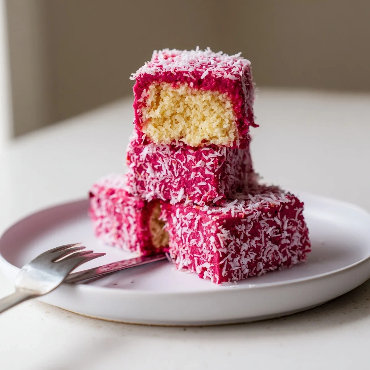 Vibrant raspberry lamingtons with coconut coating served on a rustic cutting board