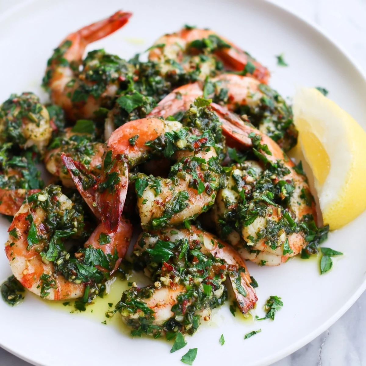 Plump grilled Chimichurri Shrimp drizzled with vibrant parsley cilantro sauce on a white plate