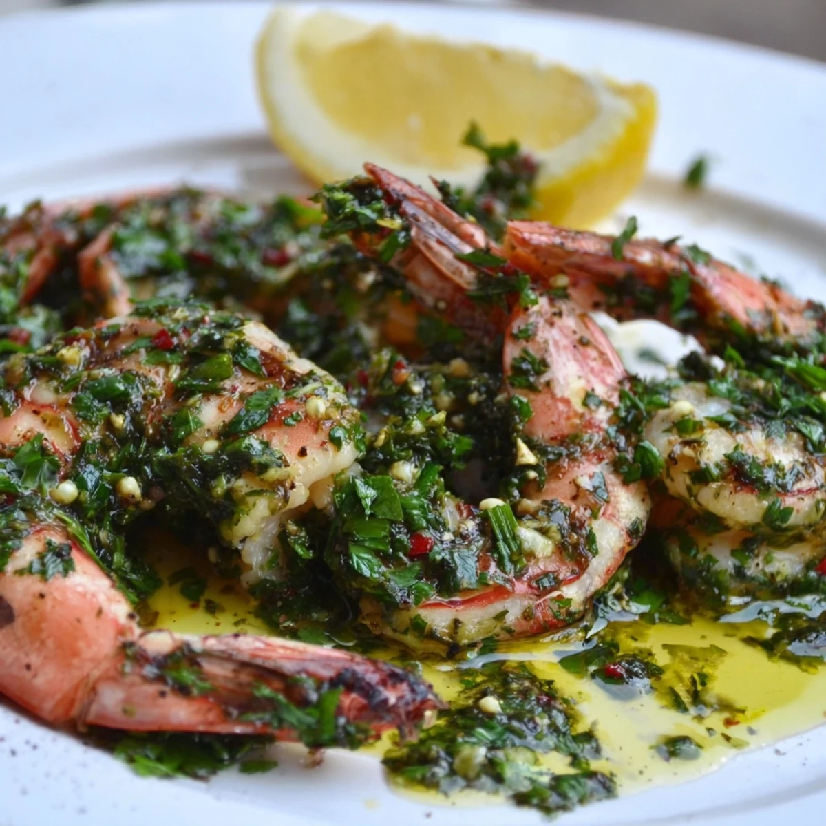 Chimichurri Shrimp sizzling in a skillet with bright green herb sauce