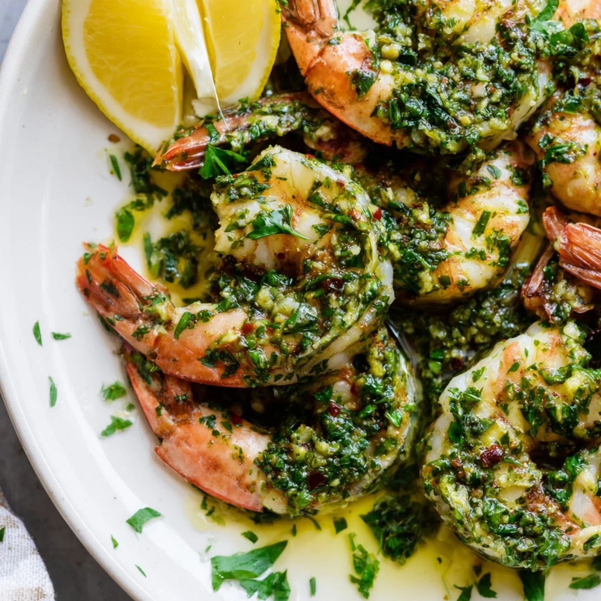Golden Chimichurri Shrimp skewers garnished with fresh lemon wedges and chopped herbs