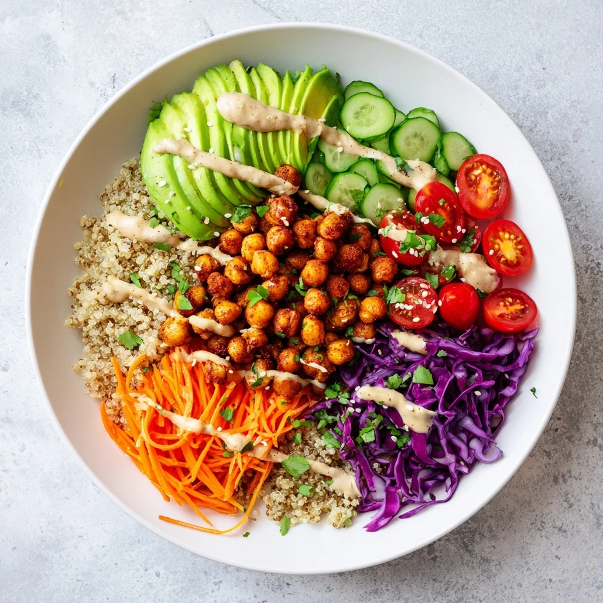 Colorful Buddha Bowl with roasted chickpeas, fresh avocado, and crisp rainbow vegetables
