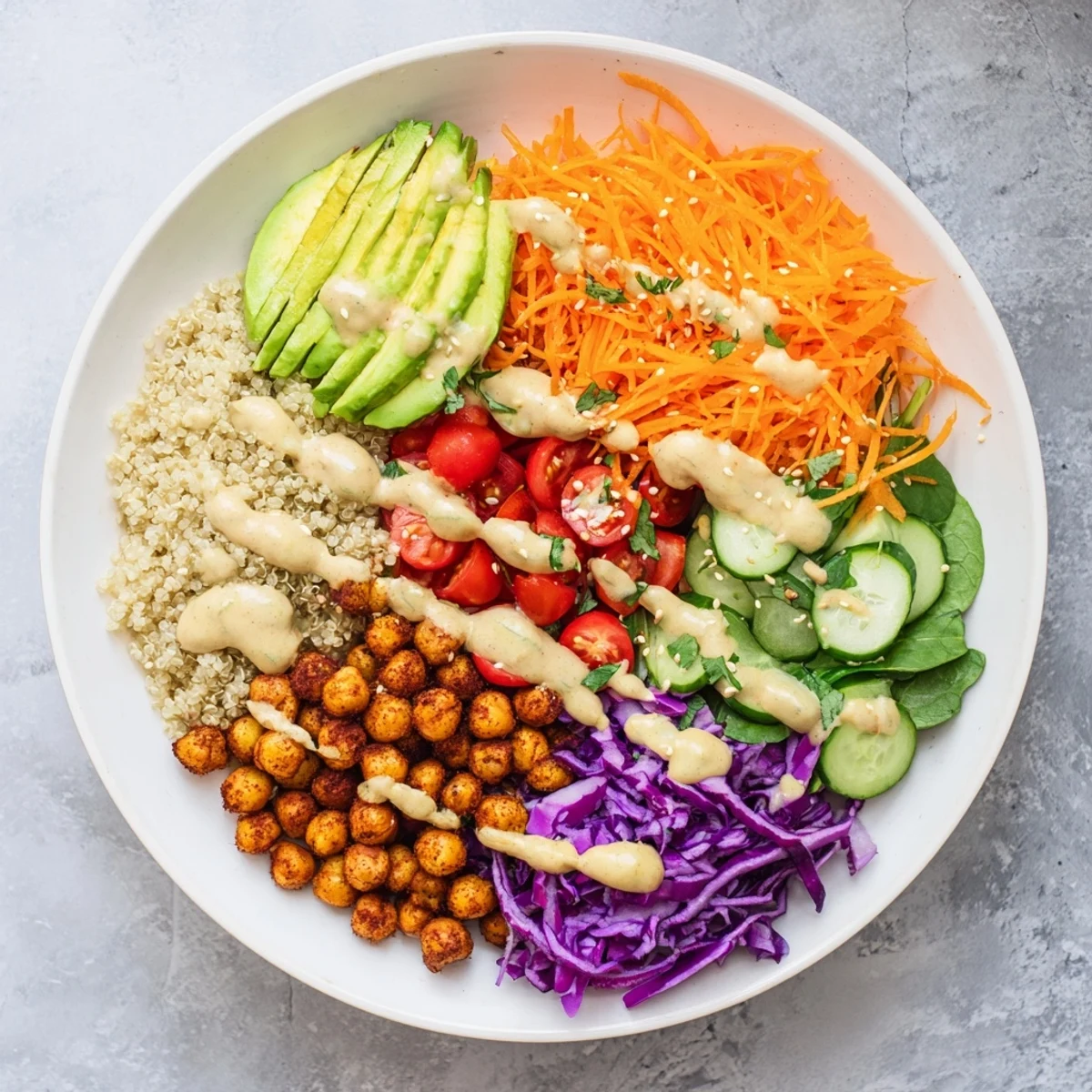 Vibrant Buddha Bowl arranged with shredded cabbage, juicy tomatoes, and smoky spiced chickpeas