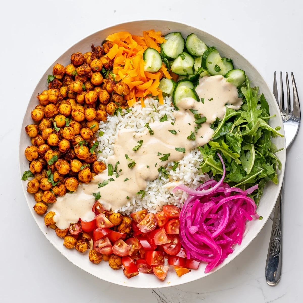 Golden roasted chickpea shawarma bowl drizzled with creamy tahini sauce and fresh vegetables