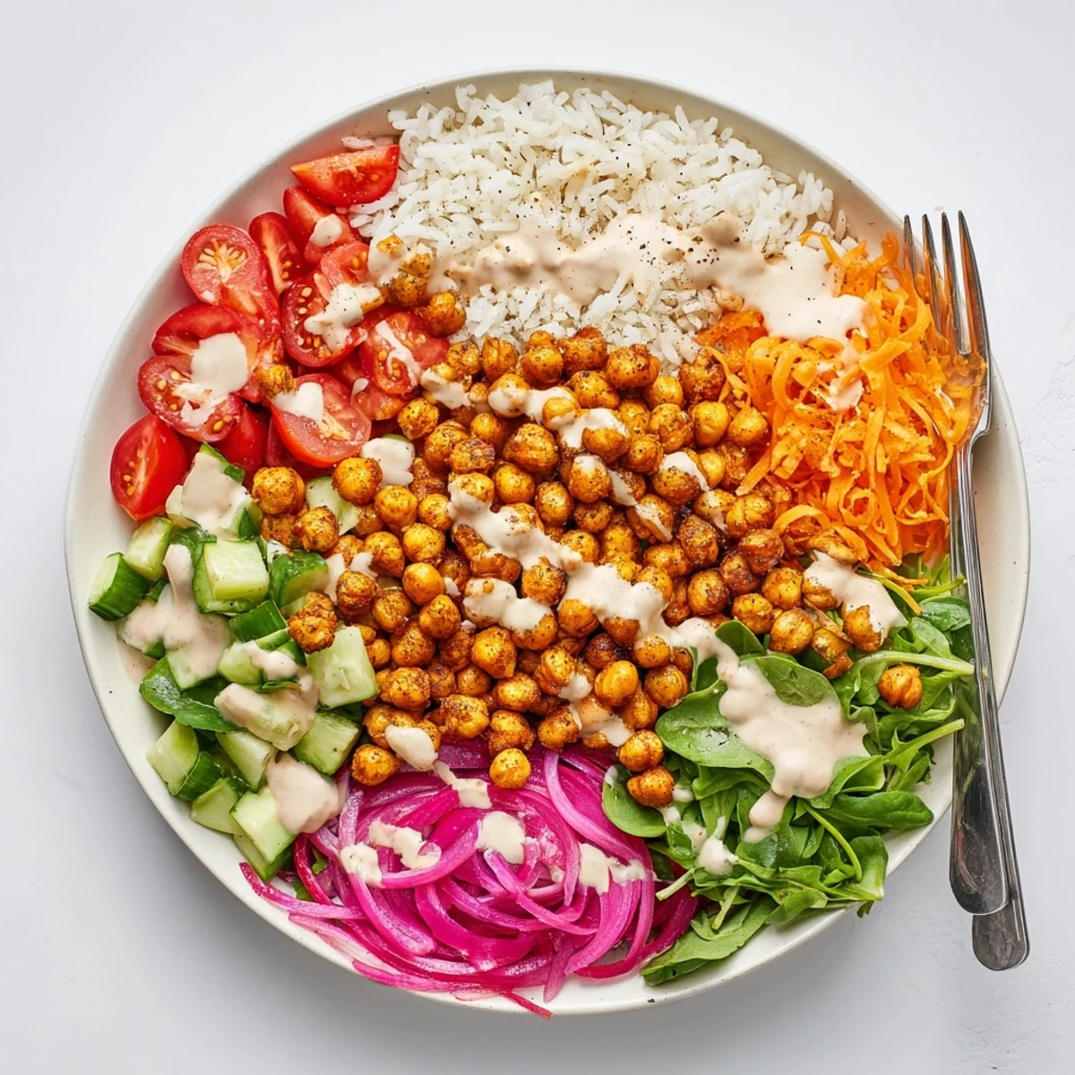 Crispy spiced chickpea shawarma bowl served over fluffy rice with colorful crunchy toppings