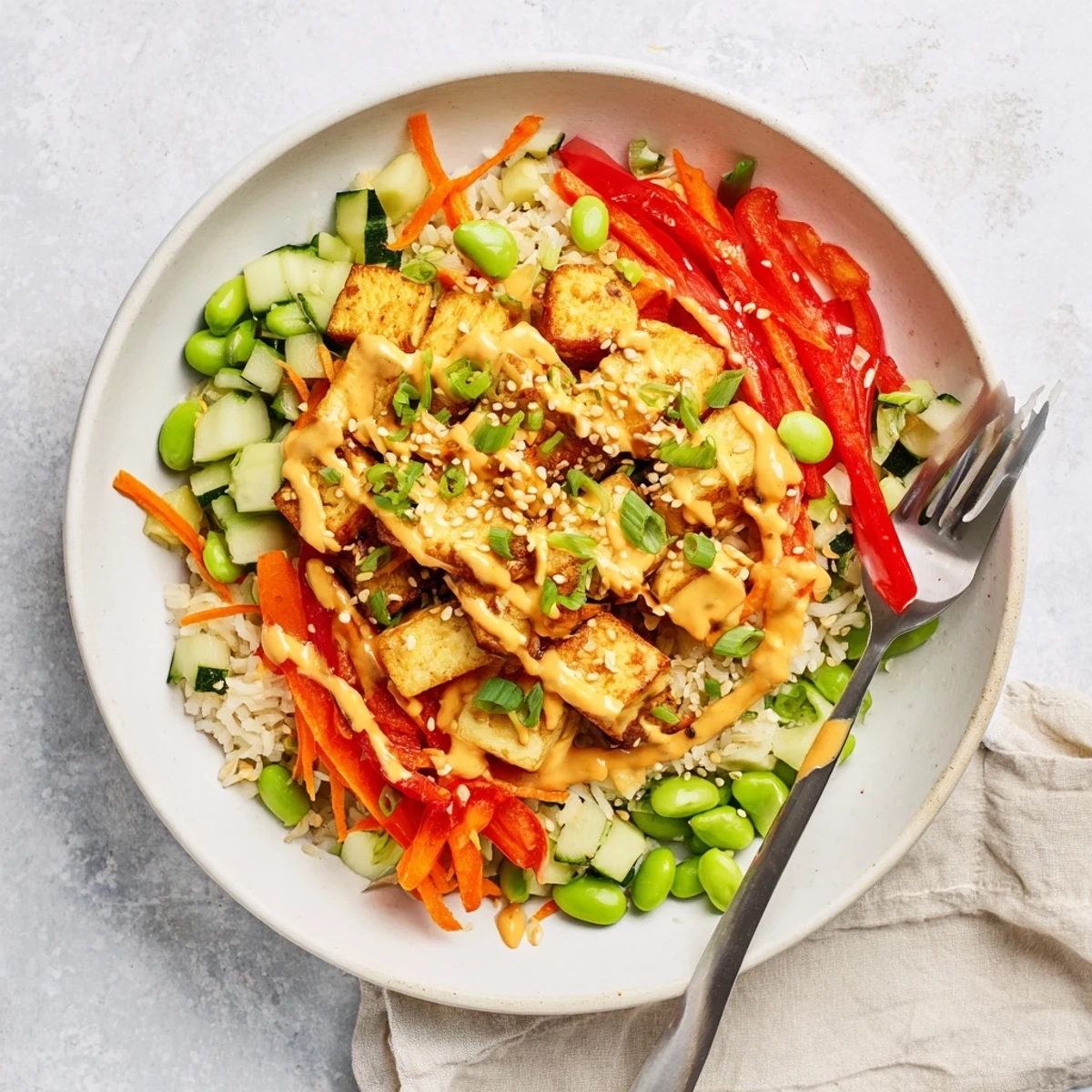 Crispy golden tofu rice bowl drizzled with creamy peanut sauce and colorful vegetables