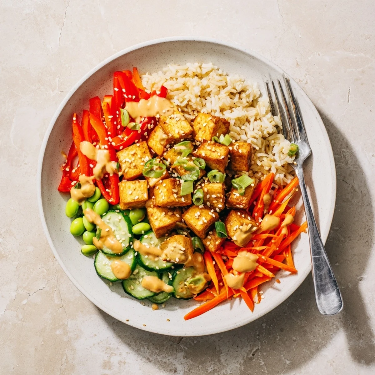 Tofu rice bowl with peanut sauce topped with shredded carrot, cucumber, and sesame seeds
