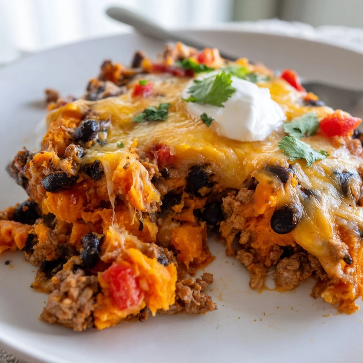 Golden bubbling sweet potato turkey black bean bake fresh from the oven
