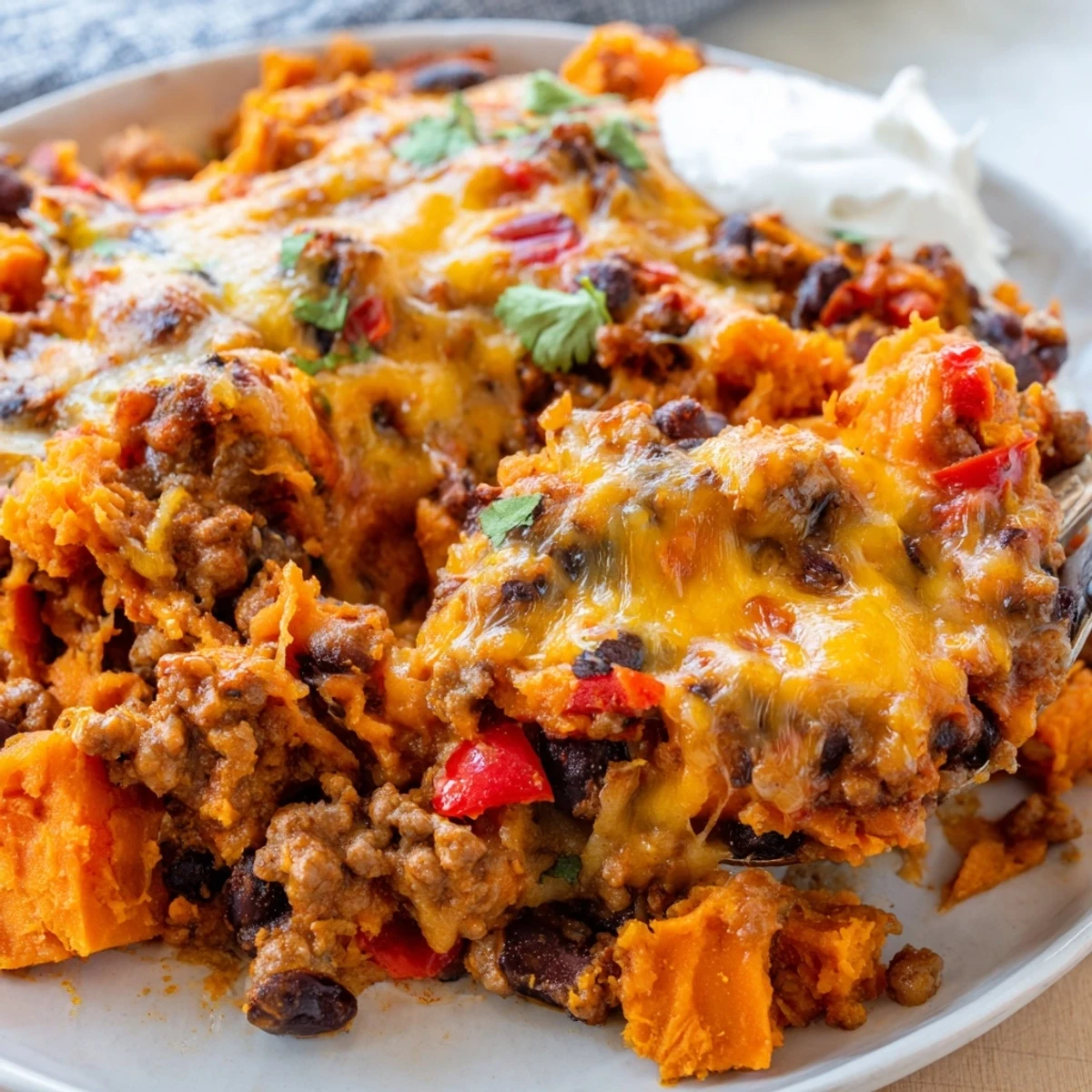 Sweet potato turkey black bean bake layered with melted cheese and cilantro
