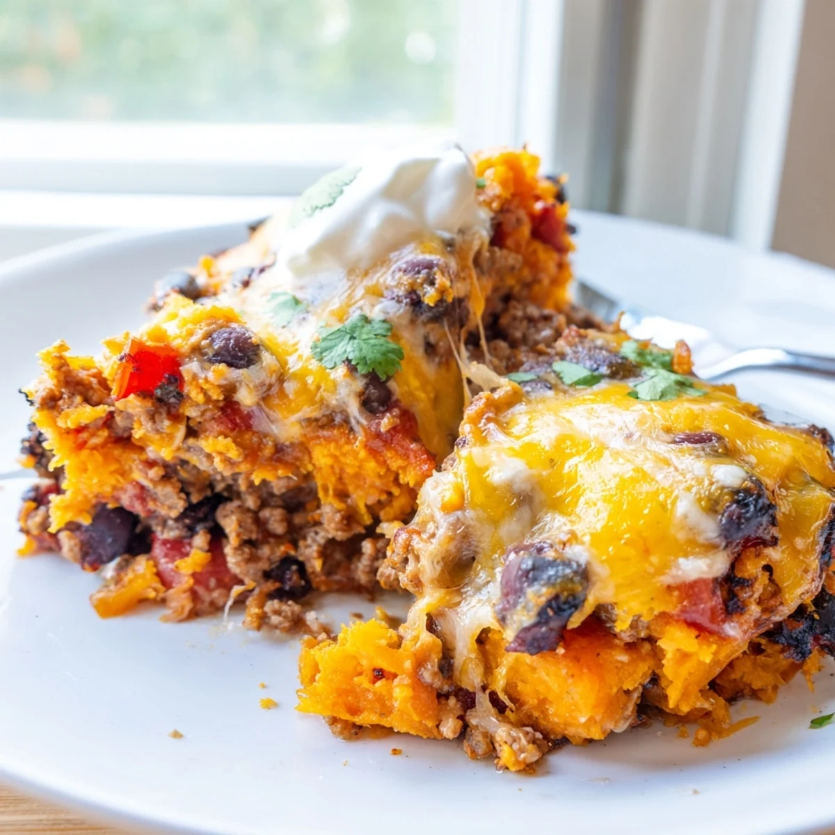 Hearty sweet potato turkey black bean bake scooped into a warm serving bowl