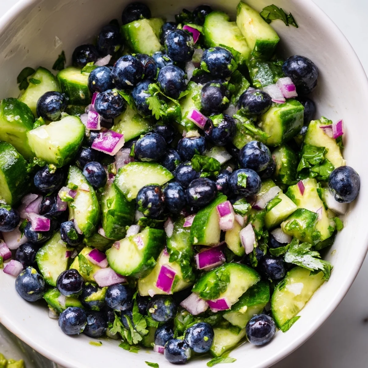 A bowl of fresh blueberry cucumber salsa with lime, cilantro, and red onion
