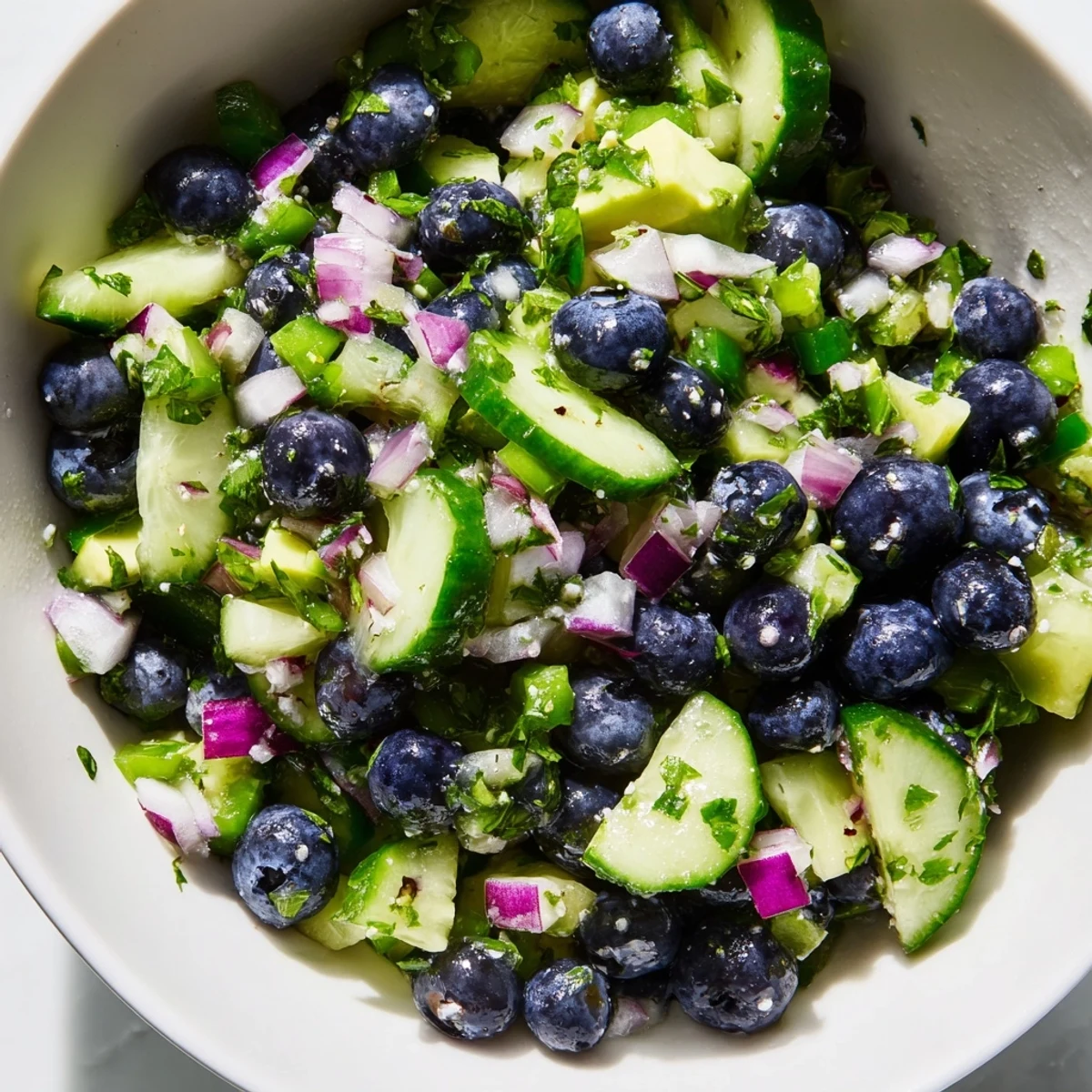 Chilled blueberry cucumber salsa served with tortilla chips on a rustic wooden board