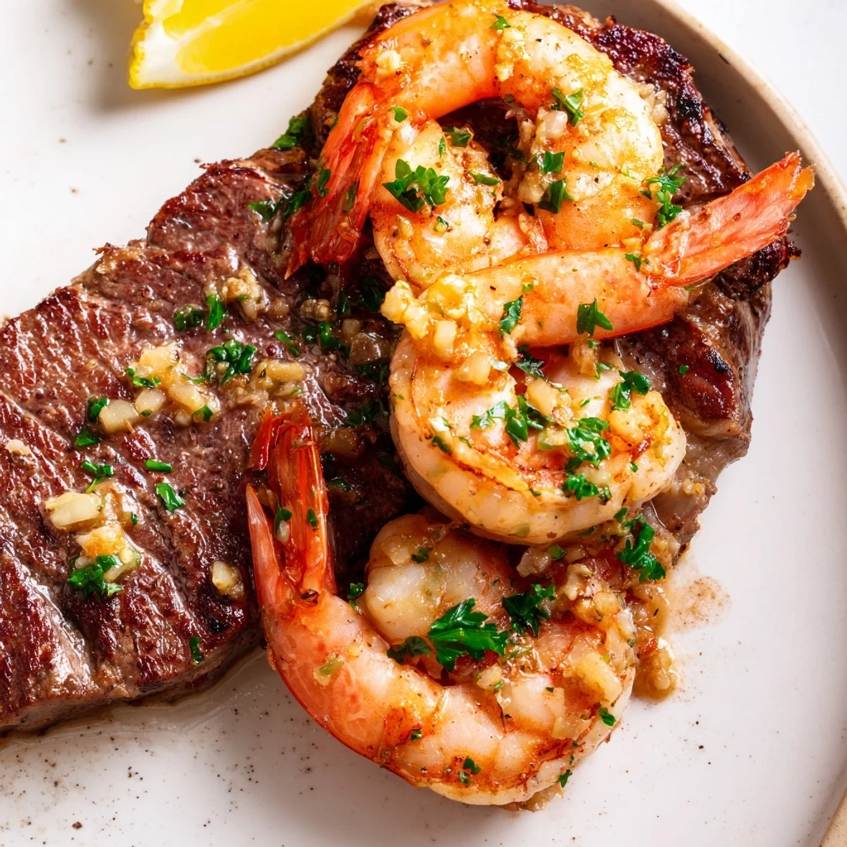 Tender steak topped with garlic butter shrimp drizzled in rich pan sauce