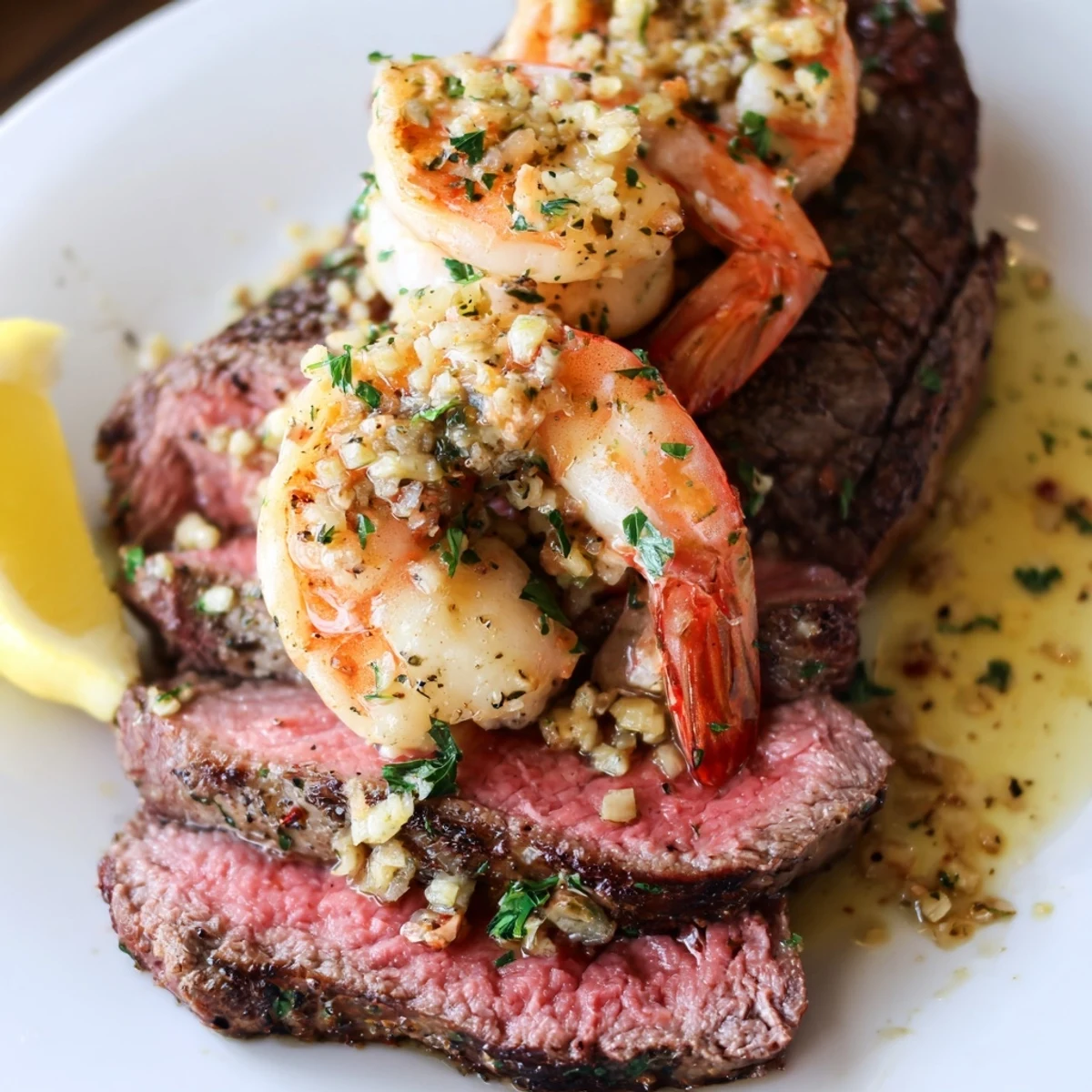 Juicy seared steak and garlic butter shrimp sizzling in a cast iron skillet