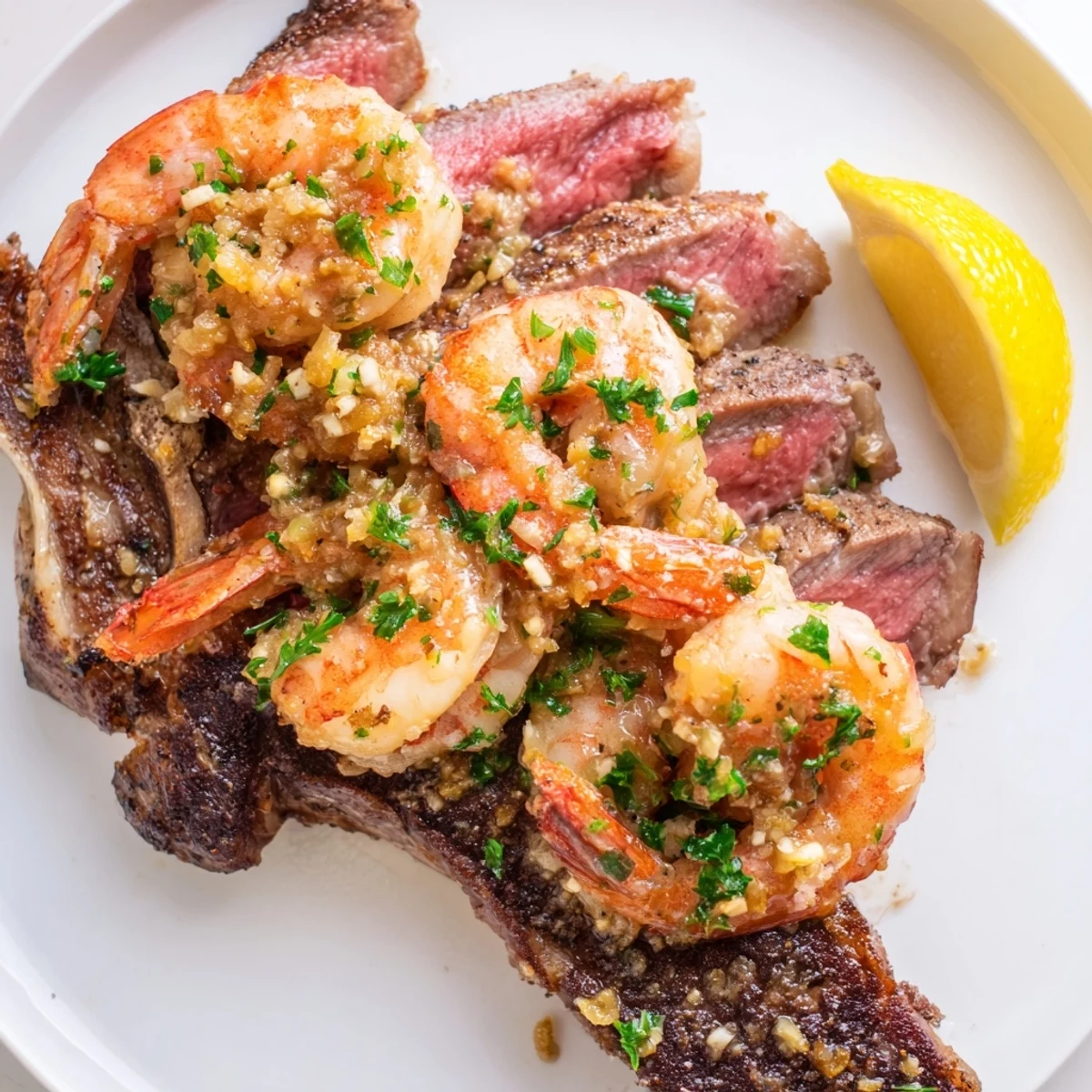 Perfectly cooked steak and garlic butter shrimp plated with fresh lemon wedges and parsley
