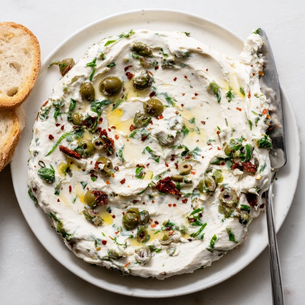 Creamy Italian Style Olive and Cheese Spread topped with fresh basil on a rustic cutting board