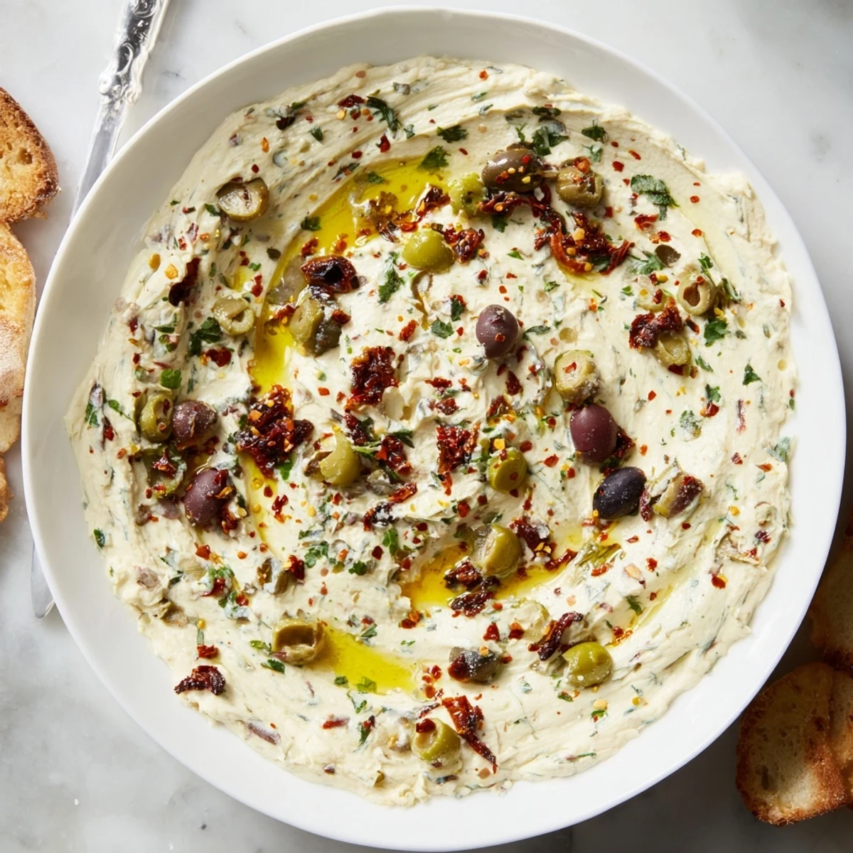 Chunky Italian Style Olive and Cheese Spread scooped onto golden crostini with sun-dried tomatoes
