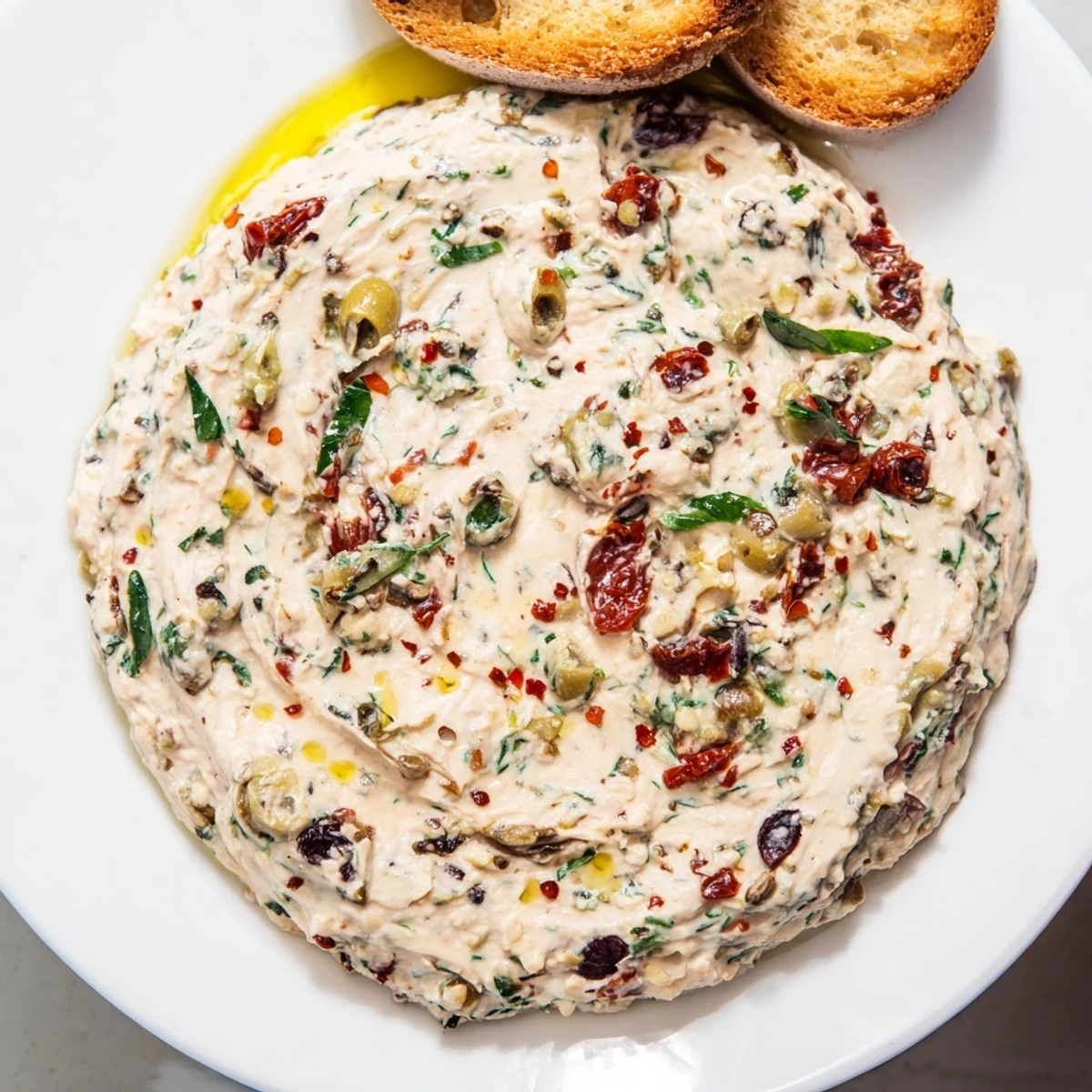 Velvety Italian Style Olive and Cheese Spread garnished with parsley and served alongside crispy crackers
