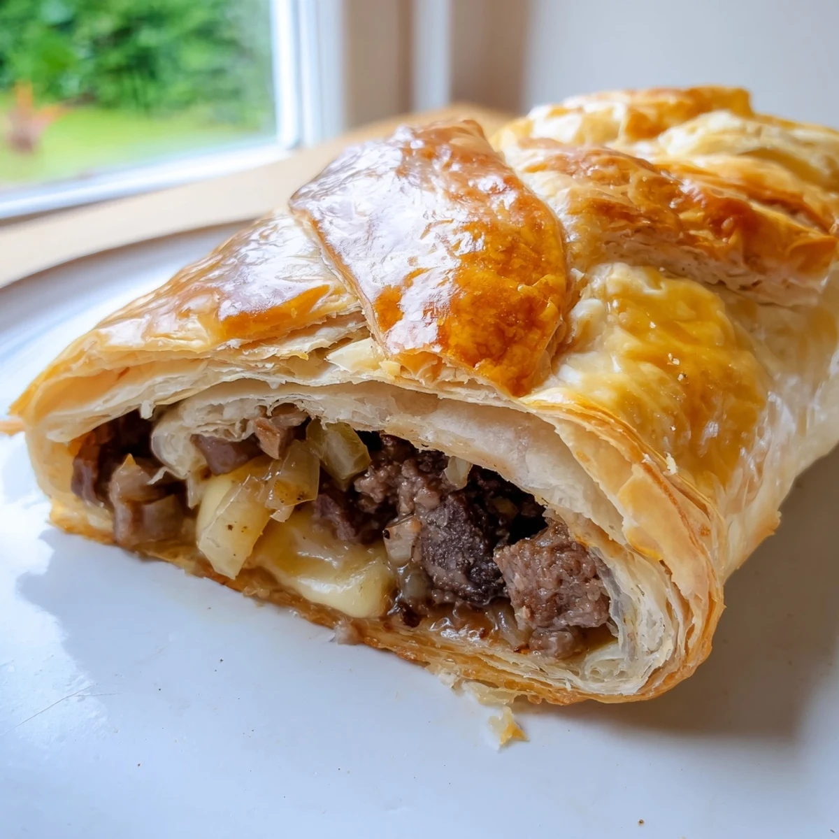Golden baked Greggs inspired steak and cheese roll with melted cheddar oozing from flaky puff pastry