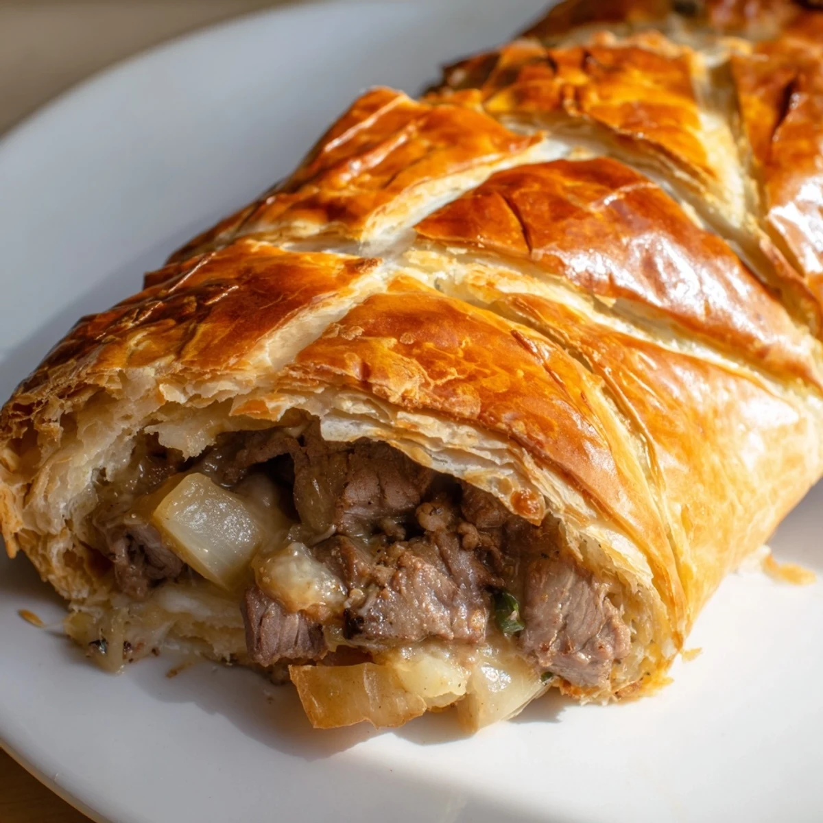 Close-up of Greggs inspired steak and cheese roll revealing tender diced beef and melted cheese filling